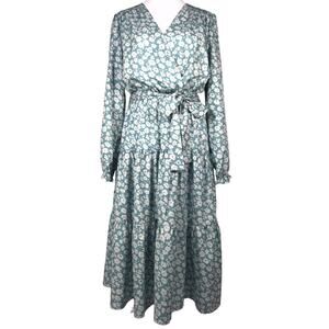 Dress Womens Medium Blue Ditsy Floral Midi Wrap Tiered Peasant Ruffle Belt Boho